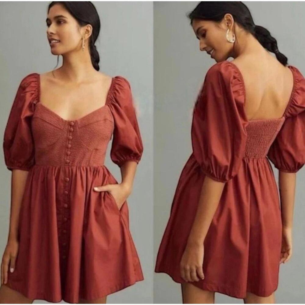 ANTHROPOLOGIE Maeve Puff-Sleeved Sweetheart Mini dress Size Small